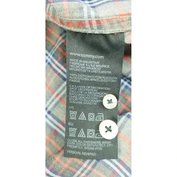 Tommy Hilfiger Custom Fit Melange Size Medium Mens Gray Red Blue Check Cuff Logo - Picture 10 of 11